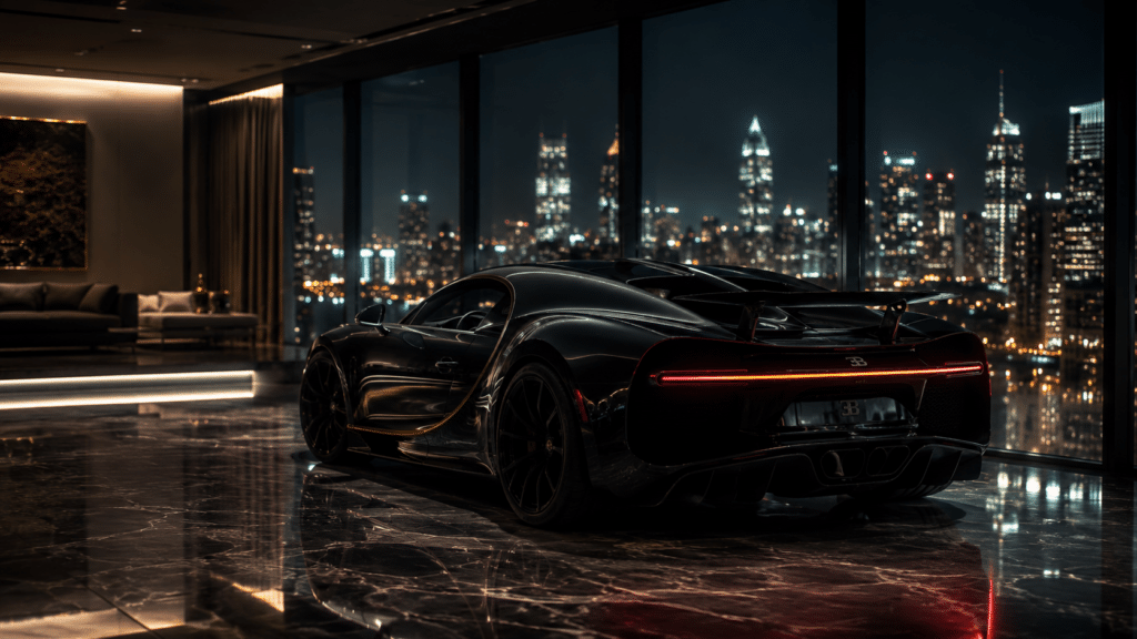 Black Bugatti Chiron parked inside a luxe showroom with a marble floor, city lights glowing through floor-to-ceiling windows at night.